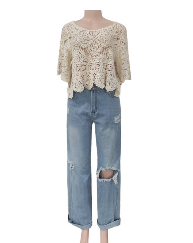 HIDDENBRAND - Wholesale T-Shirt - Women's - Bohemia Crochet Lace bell flare sleeve tee top cover up3