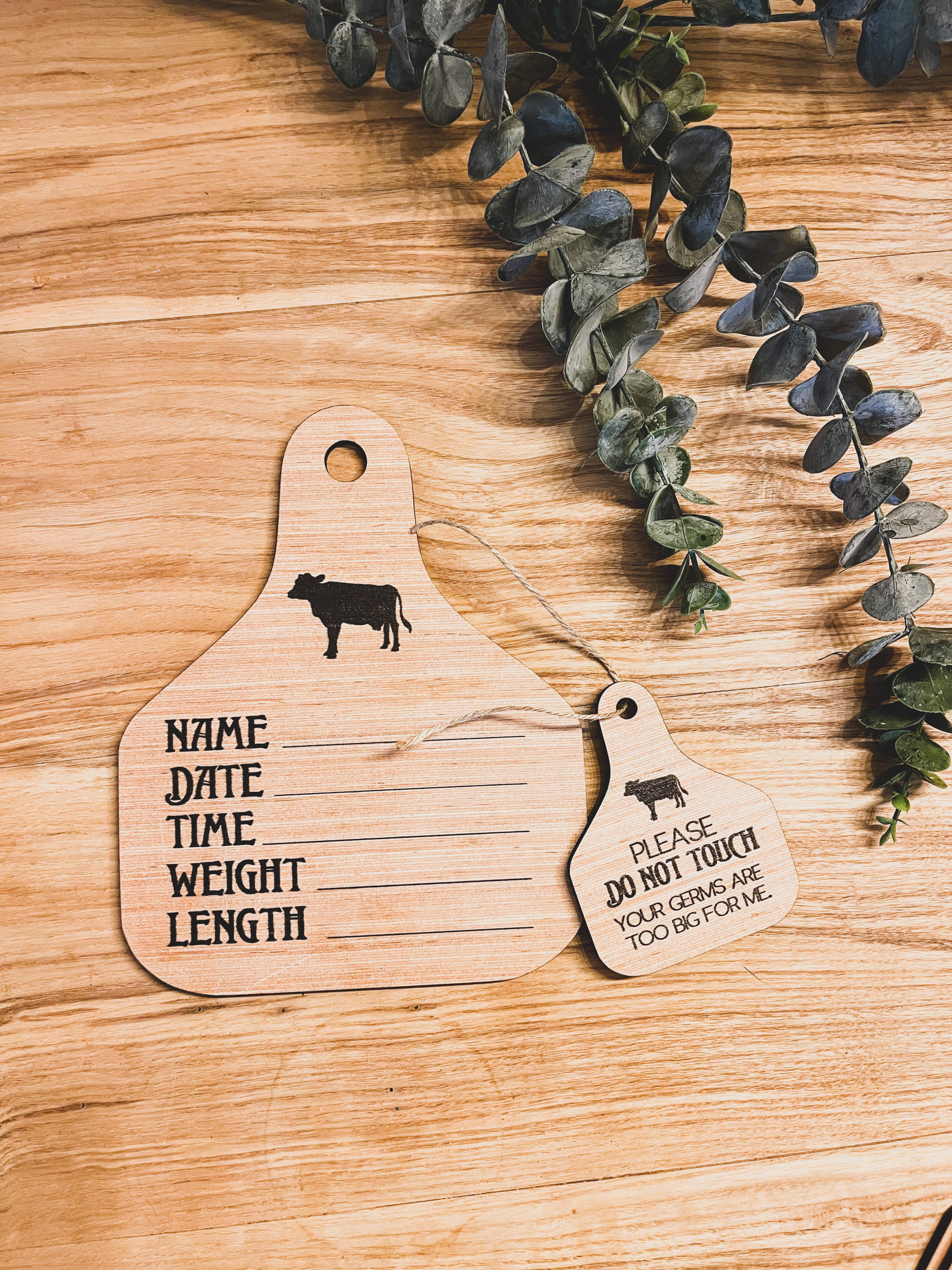 Simply Stained Shop - Wholesale Milestone art/keepsake – Child & baby - Cattle Ear Tag Baby Closest Hangers + Milestone cards + anno8
