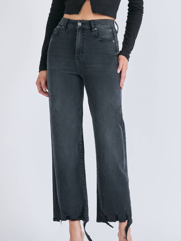 Hidden Jeans - Wholesale Jeans - Women's - Black Grinded Destroyed Hem Relaxed Straight Jean