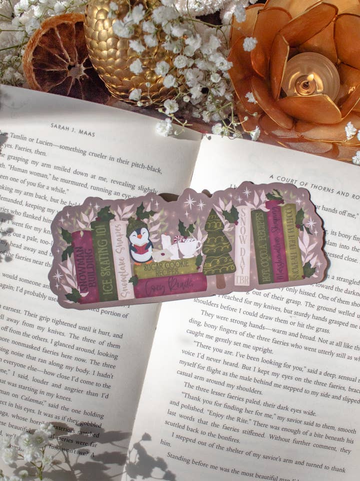 Cozy Christmas Bookshelf Die-Cut Bookmark for wholesale by Meaggie Moos