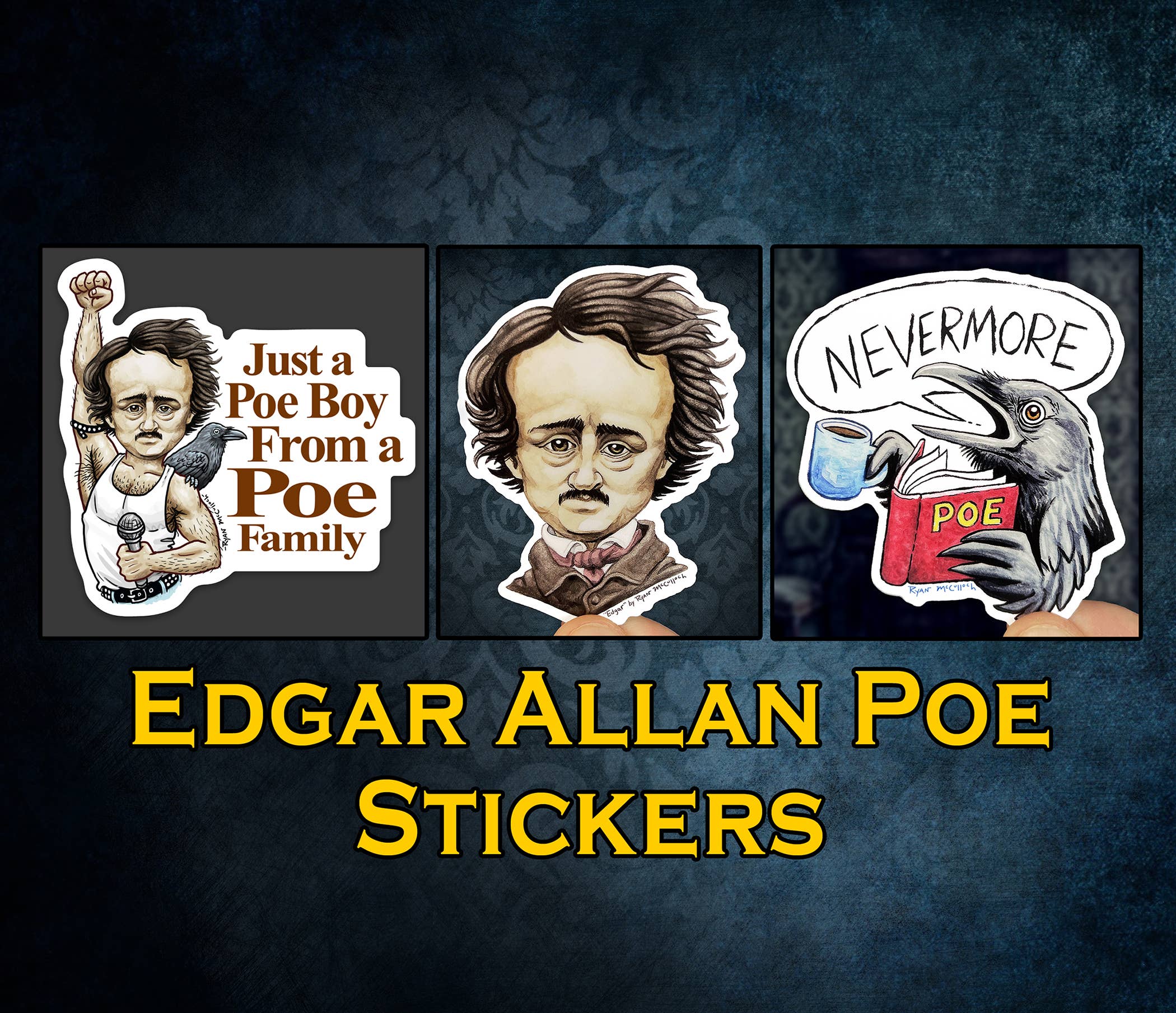 Ryan McCulloch Art - Wholesale Sticker - VINYL STICKER: Edgar Allan Poe, Freddie Mercury (Bookstore)1