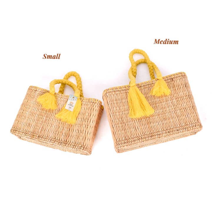 King Of Handmade - Wholesale Beach Bag - Handmade Straw Tote with Braided Yellow Handles - Party Bag