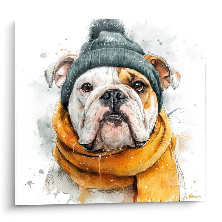 English Bulldog Painting Green Beanie and Orange Scarf - Winter Portrait - English Bulldog Edition for wholesale by Walensky
