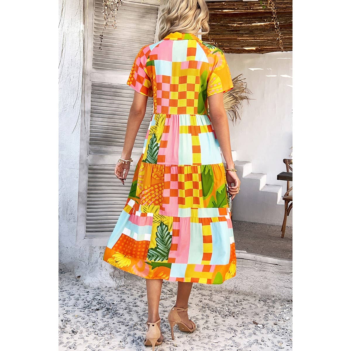 Elings - Wholesale Dress - Women's - Allover Printed Button Down Ruched Long Dress12