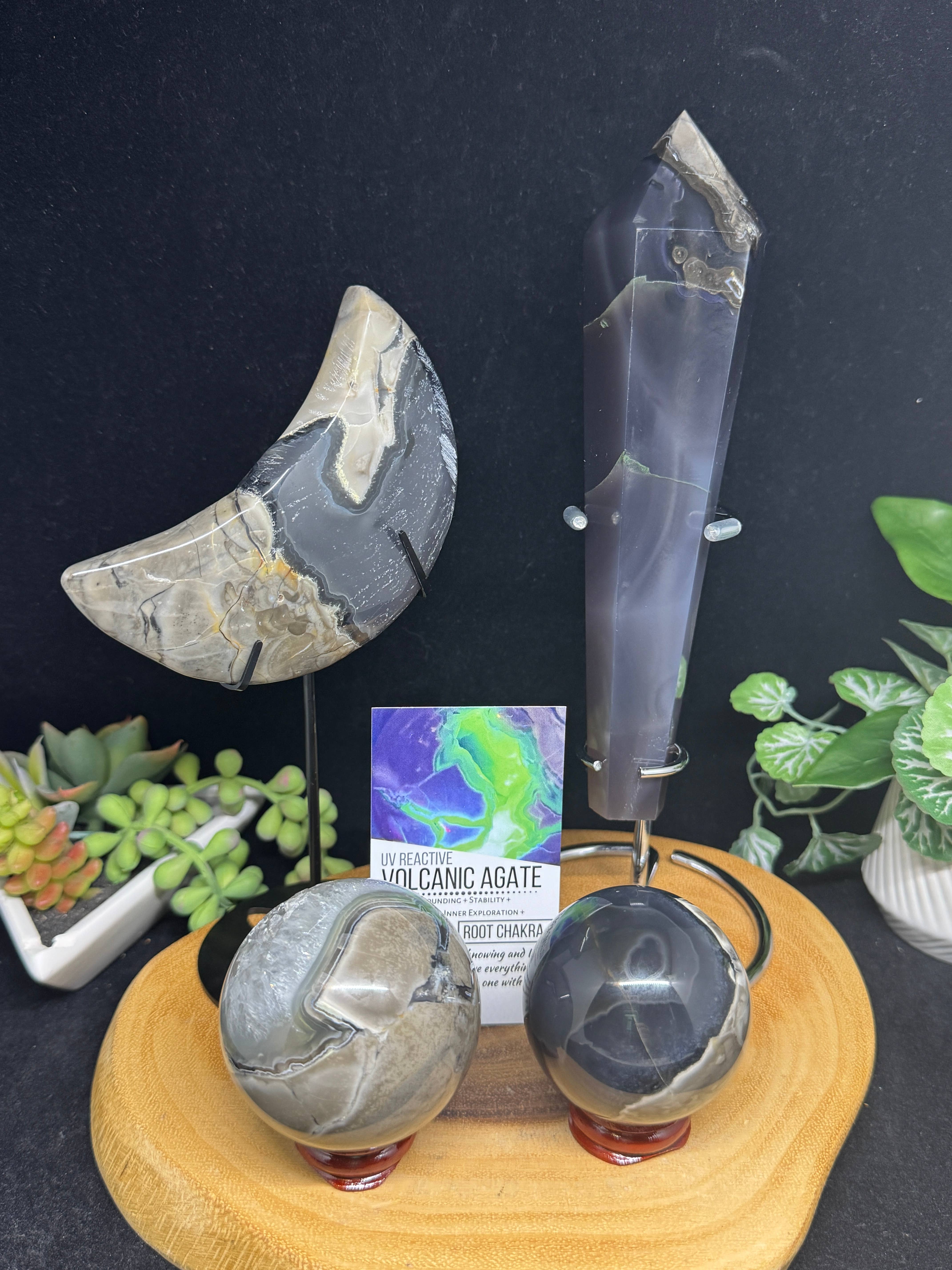 The 7 Directions - Wholesale Spiritual Stone/Crystal - 4 pc UV reactive Volcanic agate sphere wand moon bundle G7192