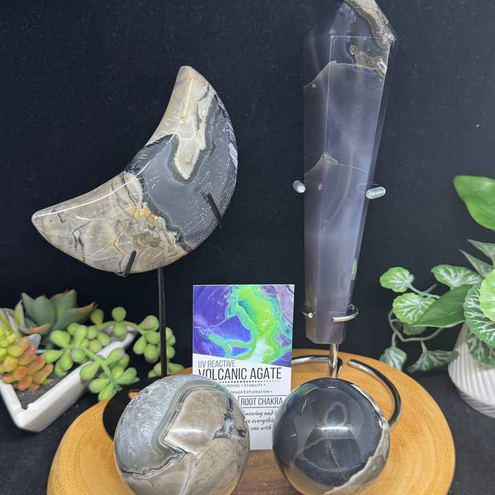 The 7 Directions - Wholesale Spiritual Stone/Crystal - 4 pc UV reactive Volcanic agate sphere wand moon bundle G7192