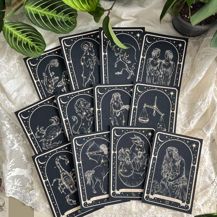 Zodiac Gold Foil Postcard for wholesale by Lauren Noel Studio