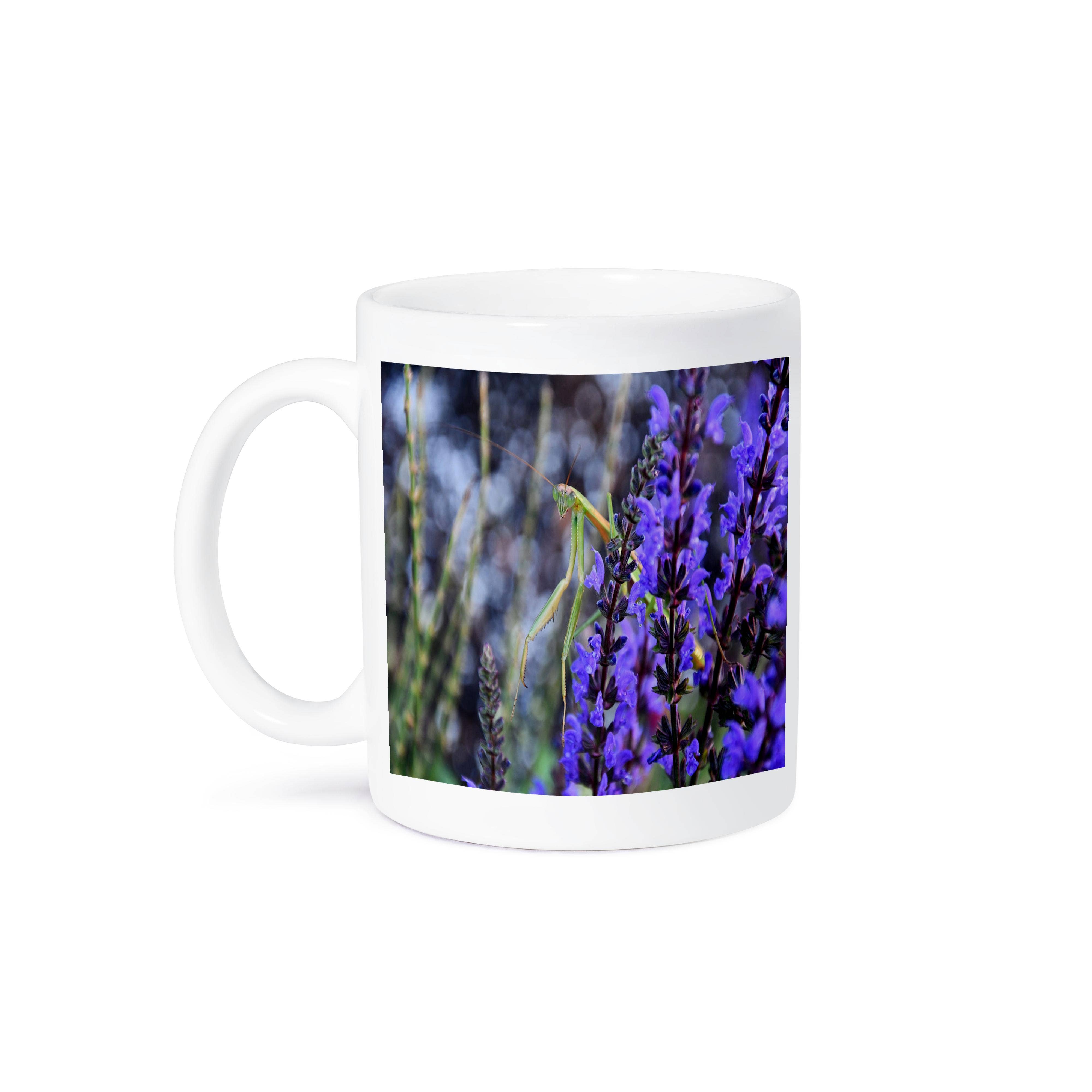 3dRose - Wholesale Coffee Mug - 3dRose, Praying Mantis sitting in blue flowers , Mug8