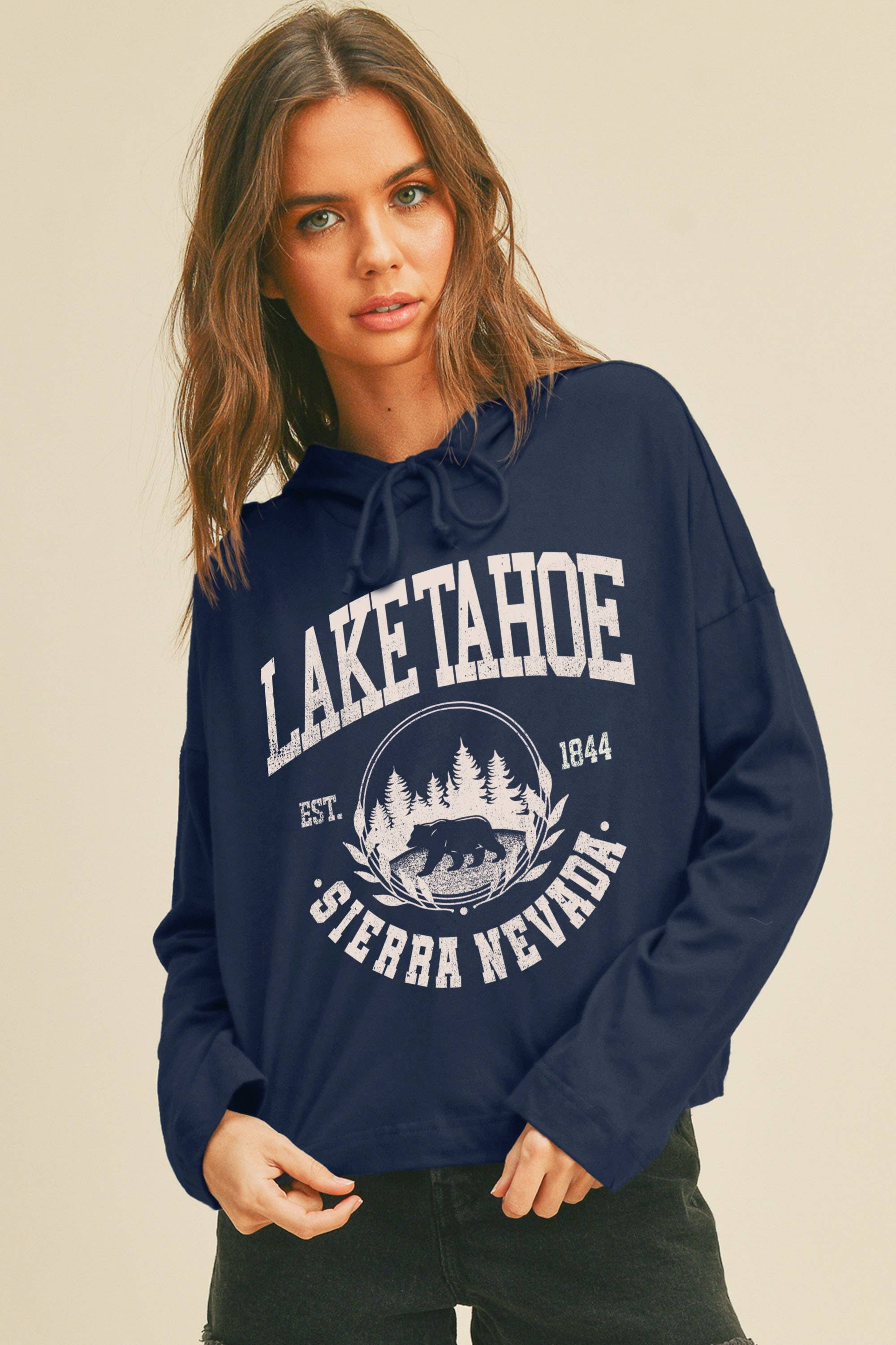 Honestee – wholesale T-shirt (graphic) – women's – Lake Tahoe Sierra Nevada Graphic Hooded T-Shirt1