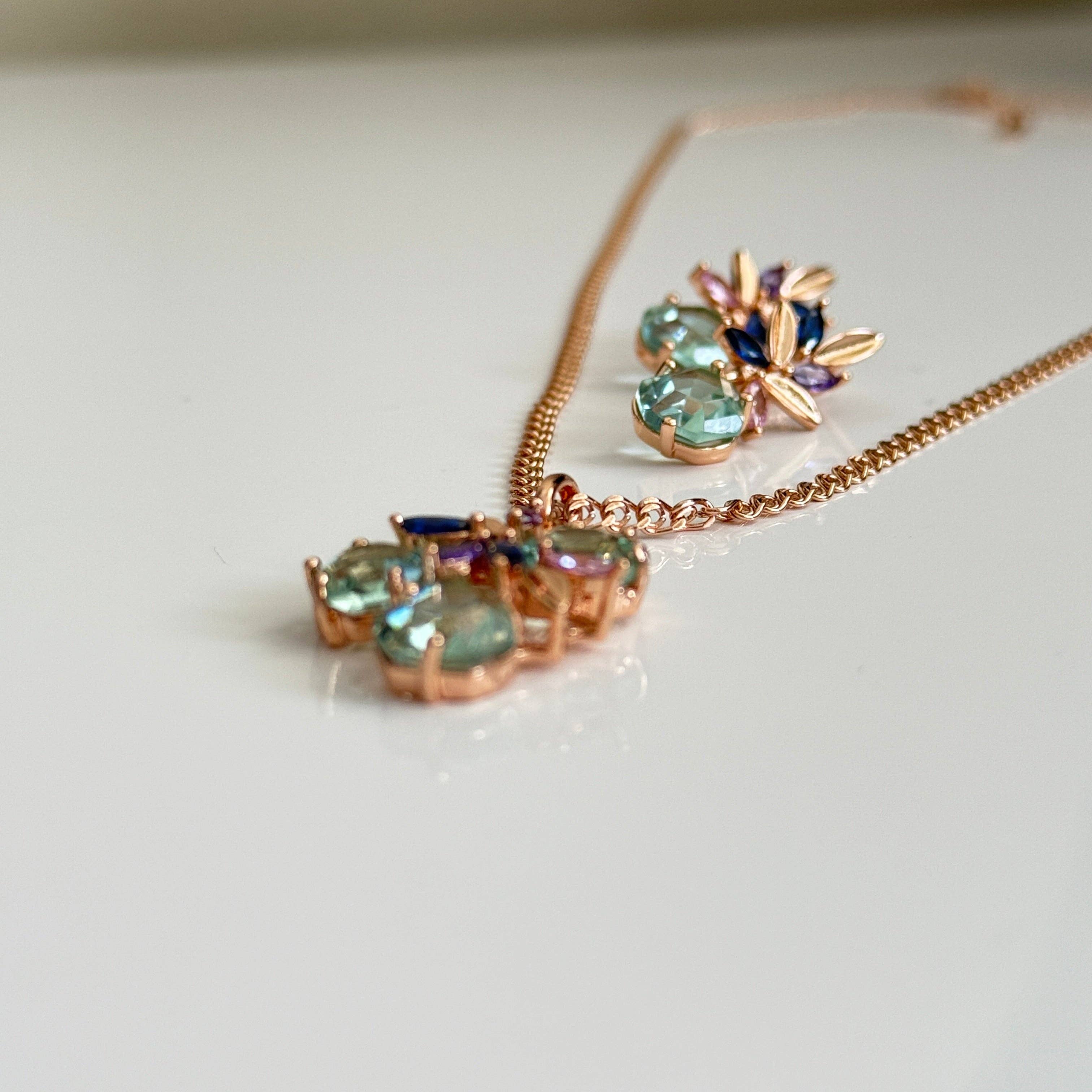 Vinnis Jewelry - Wholesale Jewelry Set - Celestial Bloom Mint Green Crystal Necklace and Earrings Set – Rose Gold Floral Design with Blue and Violet Accents4