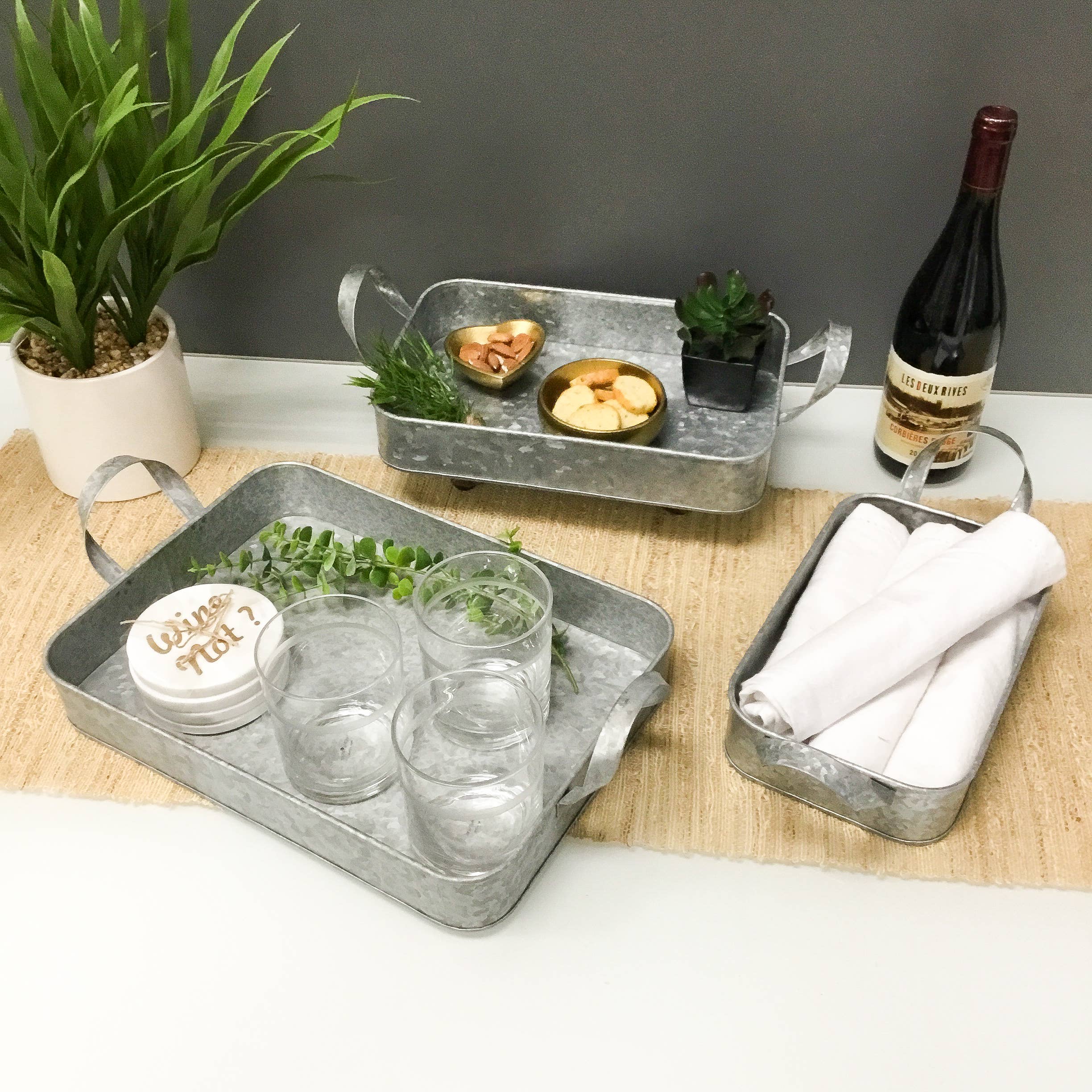 India Handicrafts Inc - Wholesale Serving Tray - Galvanized Tin Rounded Rectangle Trays w/ Handles S/36