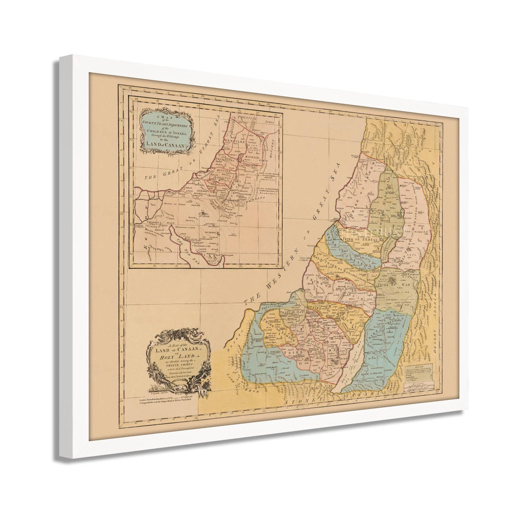 Historic Prints - Wholesale Map - 1760 Land of Canaan Palestine Map - Framed Vintage Holy Land Map Poster - Map of the Holy Land Divided Among Twelve Tribes God Promised To Abraham4