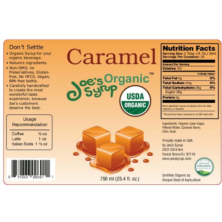 Joe's Organic Syrup - Wholesale Flavoured syrup - USDA Organic Caramel1