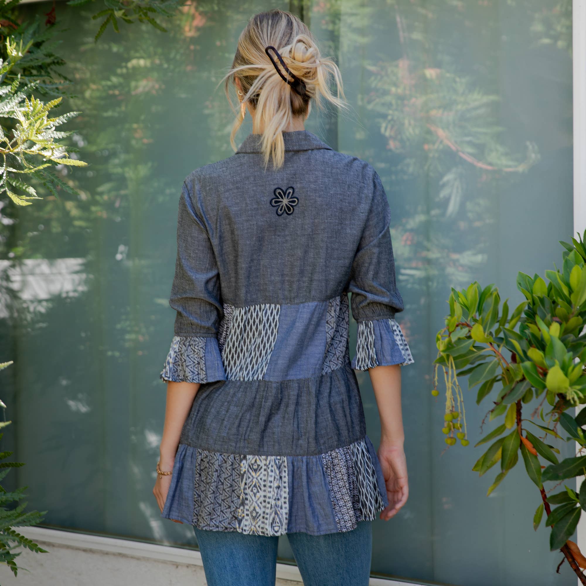 Young Threads - Wholesale Blouse - Women's - Western Denim Yoke Patchwork Tiered Tunic Top (New Color)21