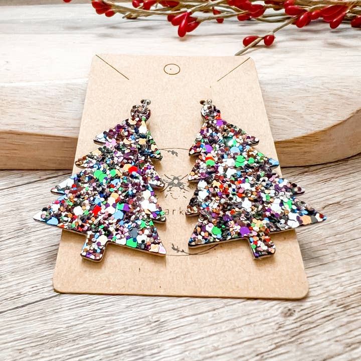 Brincos de Árvore de Natal em Pele Genuína com Brilho Fergie por atacado de Bee Marie Market LLC