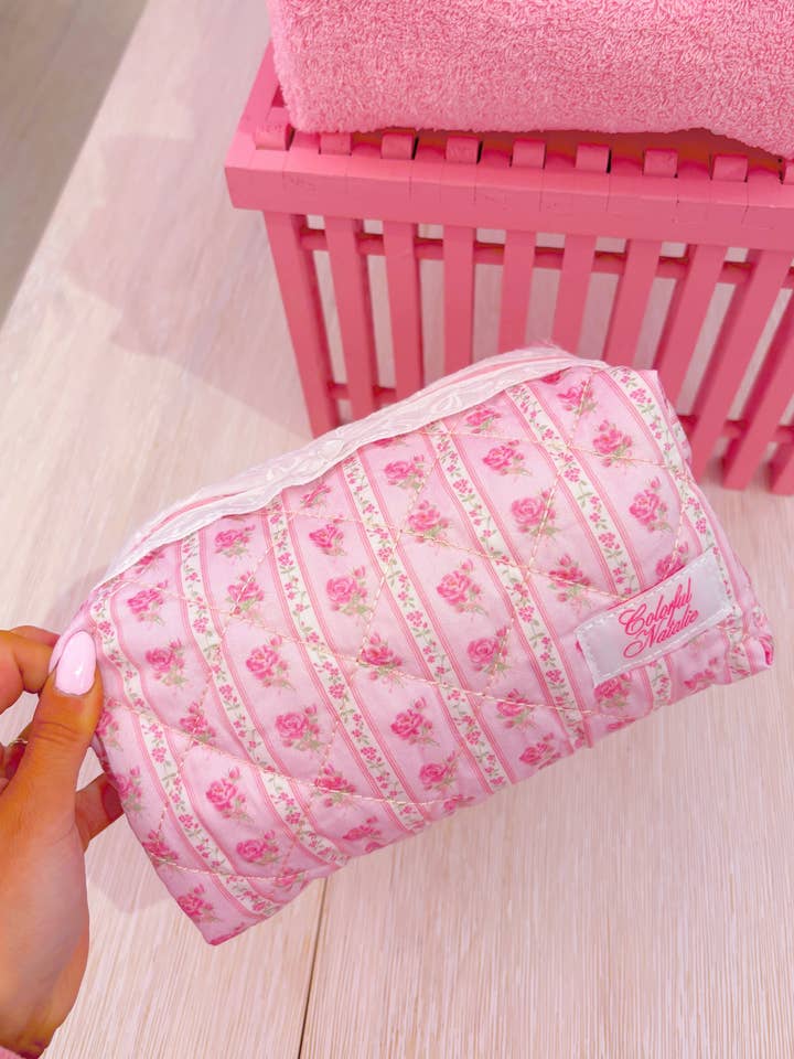 Pink Floral Makeup Bag for wholesale by Colorful Natalie