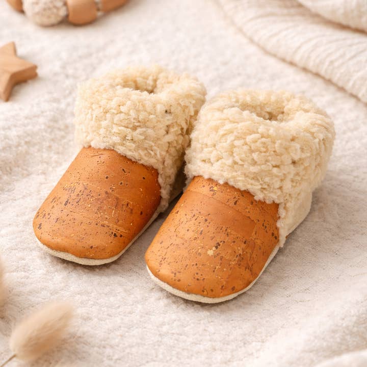 Faux-fur cork booties - cappuccino for wholesale by SoftSoul Footwear INC