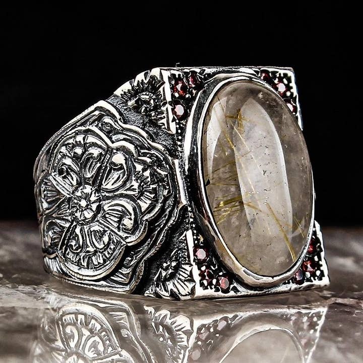 Rutilated Quartz Ring with Garnet Stones for wholesale by Ephesus Jewelry