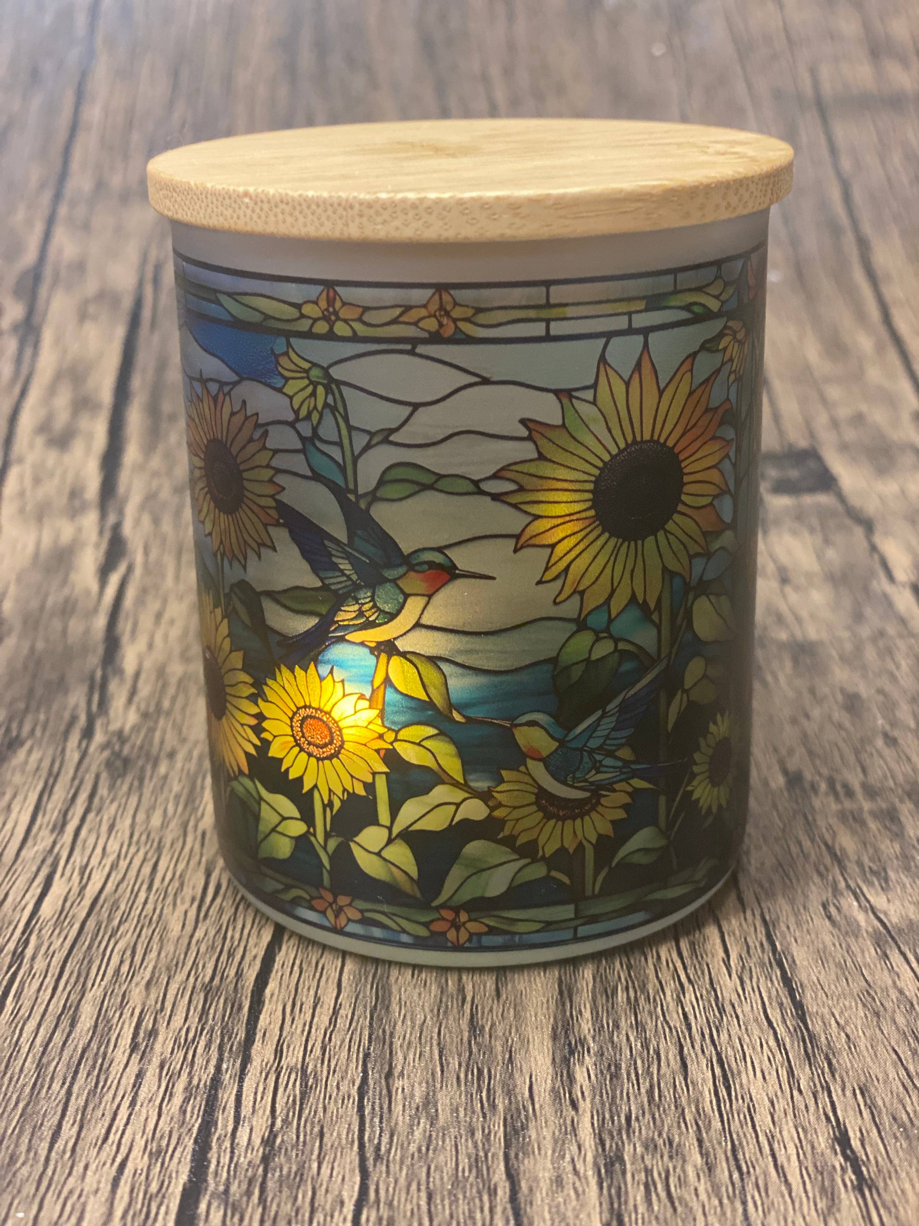 Teele and Co. - Wholesale Tea Light Candles - Sunflowers and Humming Birds Stained Glass Candle Jar with Tea Light5