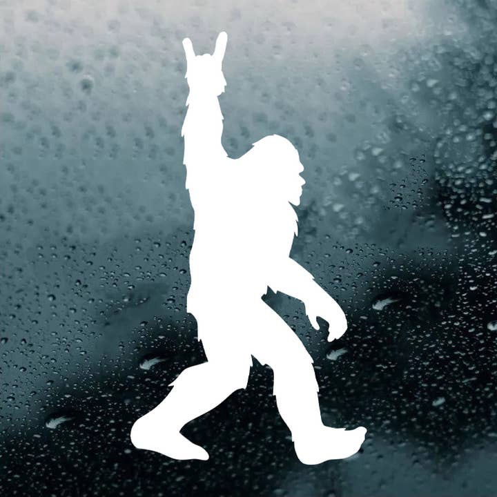White Bigfoot with Metal Horns Vinyl Decal Sticker for wholesale by Minglewood Trading