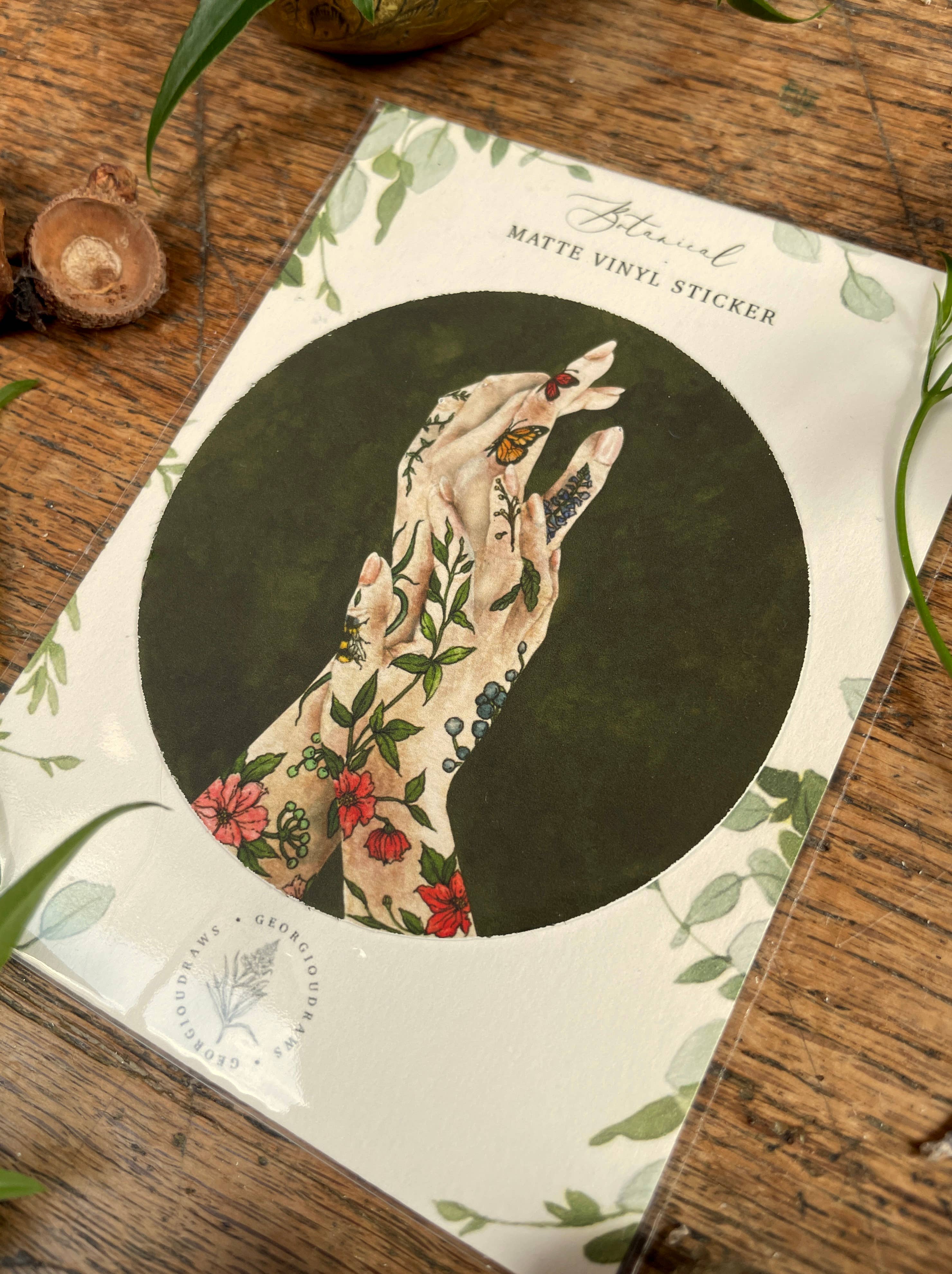 Georgiou Draws – wholesale Sticker – 'The Botanist' botanical floral tattooed hands Vinyl Sticker2
