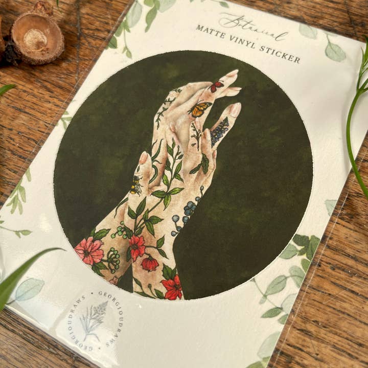 Georgiou Draws – wholesale Sticker – 'The Botanist' botanical floral tattooed hands Vinyl Sticker2