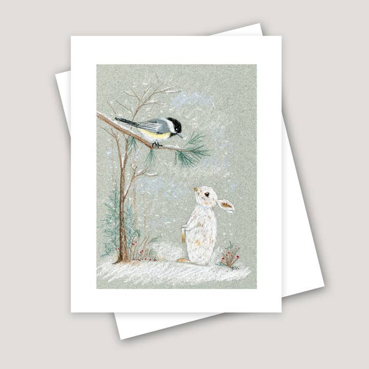Chickadee and Snowshoe Hare for wholesale by Kelli McNichols Art