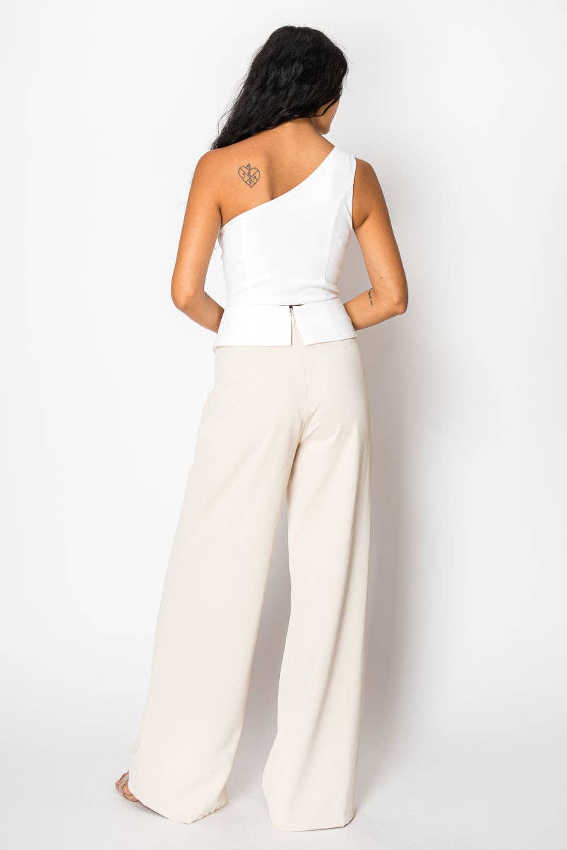 Beige Contrast Wide Pant Set With One Shoulder Top for wholesale on Faire4