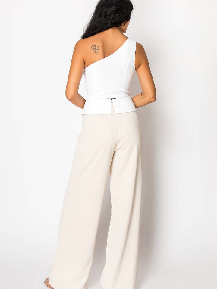 Beige Contrast Wide Pant Set With One Shoulder Top for wholesale on Faire4