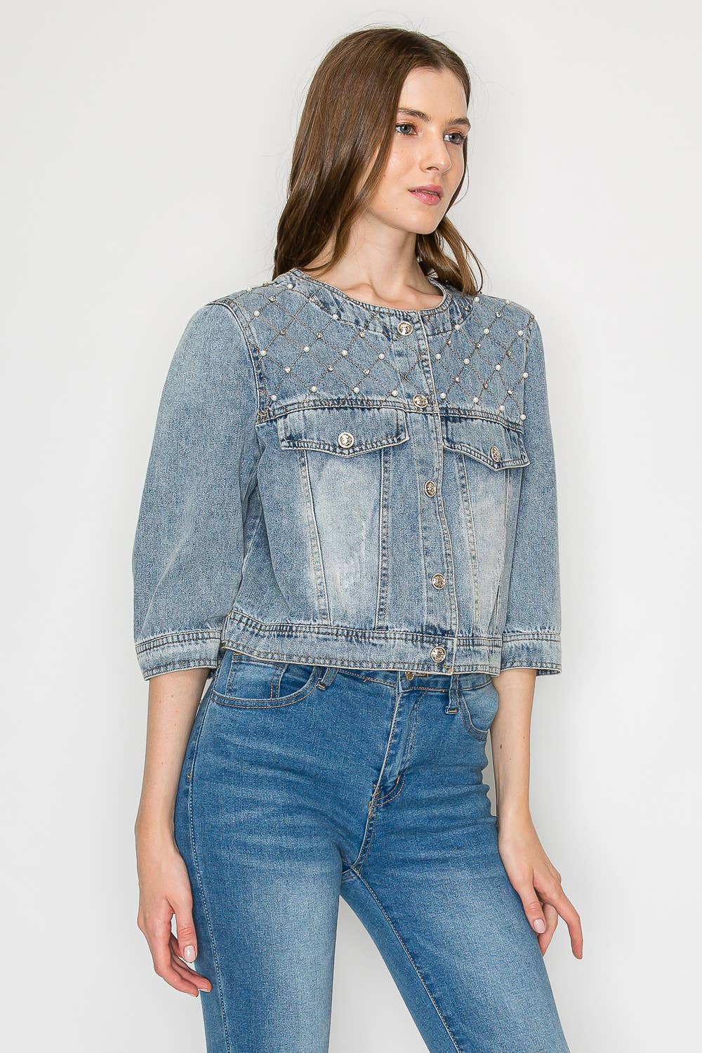 Daphne Denim Jacket with Studs & Pearls for wholesale on Faire2