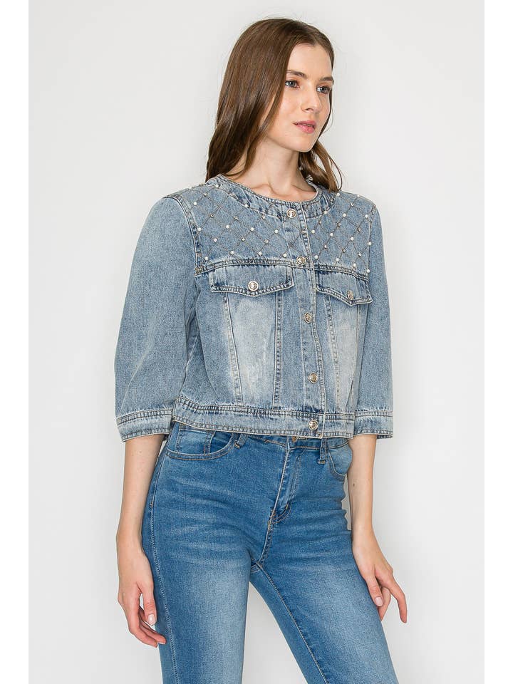 Daphne Denim Jacket with Studs & Pearls for wholesale on Faire2