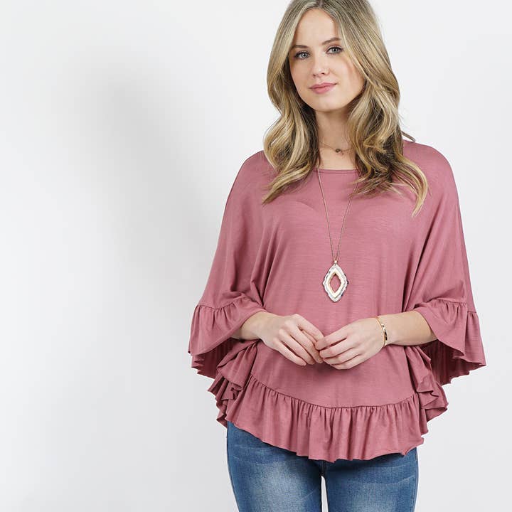 42POPS - Wholesale Knit top – Women's - 1102 Ruffle poncho tunic top SI-121176