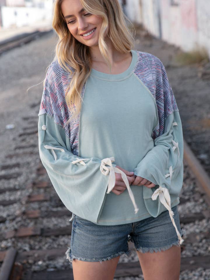Mint Lace Up Long Sleeve French Terry Oversized Pullover for wholesale by Promenade