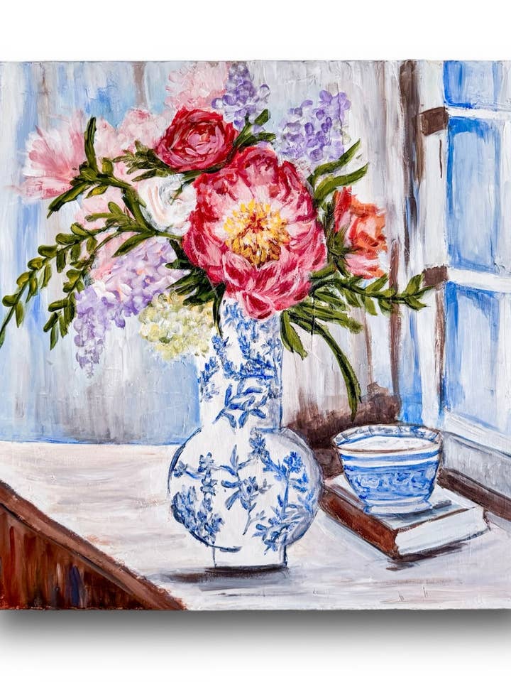 Peonies in Blue and White Chinoiserie Vase Art Print for wholesale by Pooja Roy Studio