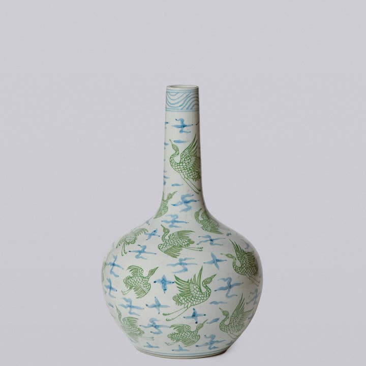 Cobalt Guild - Wholesale Vase - Green and Blue Porcelain Cranes and Clouds Globe Vase