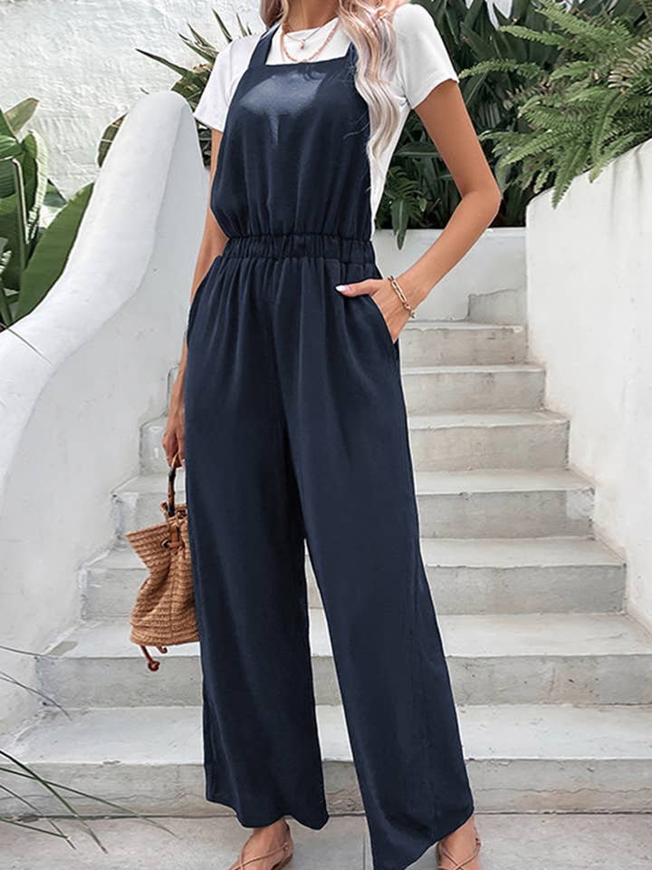 NAVY DRAWSTRING WAIST WOMEN JUMPSUIT WITH POCKETS_CWSJS0140 for wholesale on Faire