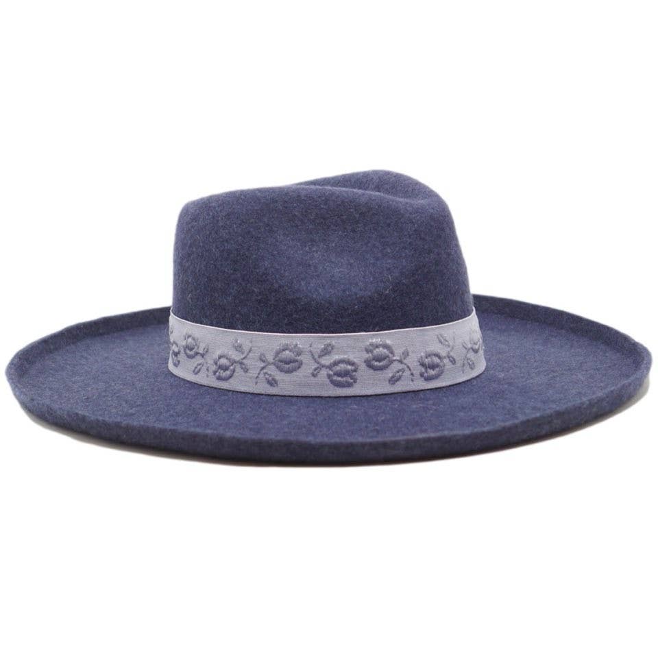 Olive & Pique - Venta al por mayor Sombrero fedora - Mujer - Sombrero ranchero con ala de fieltro 100% lana con bandas, azul brezo1