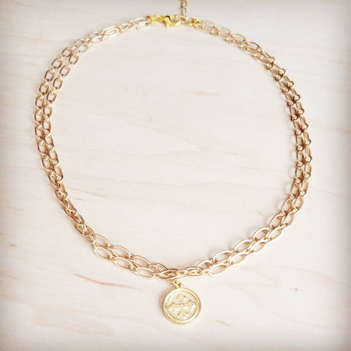 Double Strand Gold Chain Necklace w/ Coin Pendant 257ks for wholesale by The Jewelry Junkie