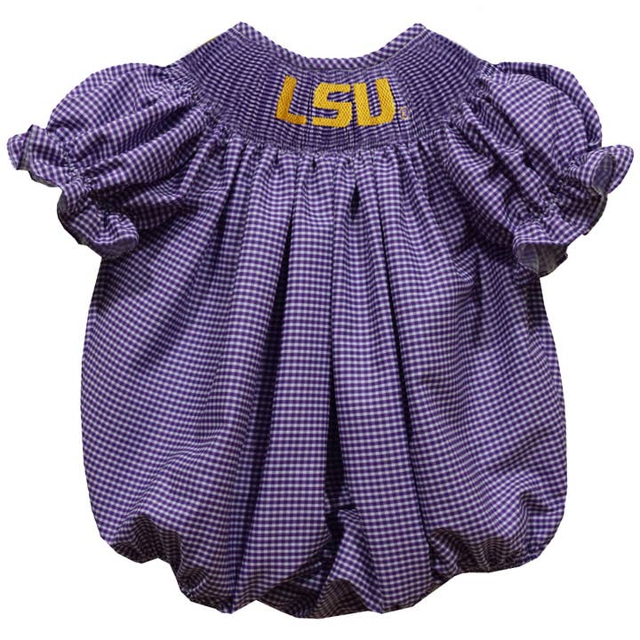 Vive La Fete - Wholesale Clothing Set - Baby - LSU Tigers Smocked Purple Gingham Short Sleeve Girls Bubble