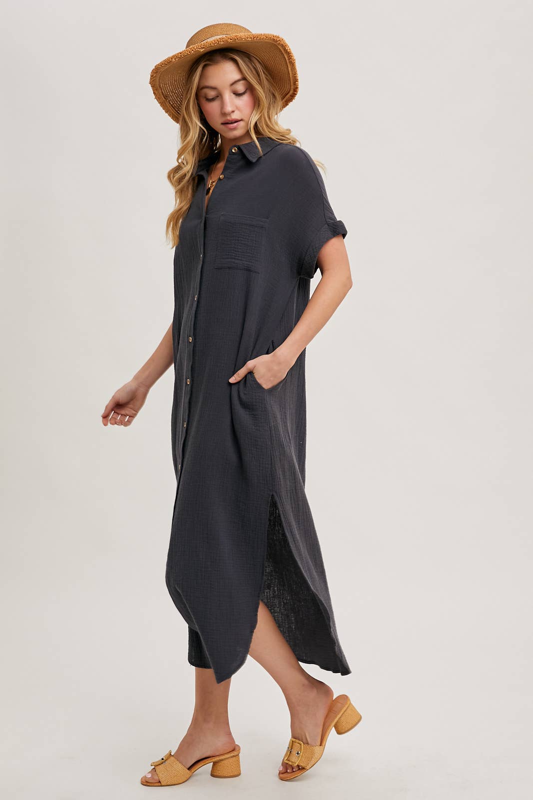 Bluivy - Wholesale Dress - Women's - BUTTON UP MAXI SHIRT DRESS WITH POCKET3