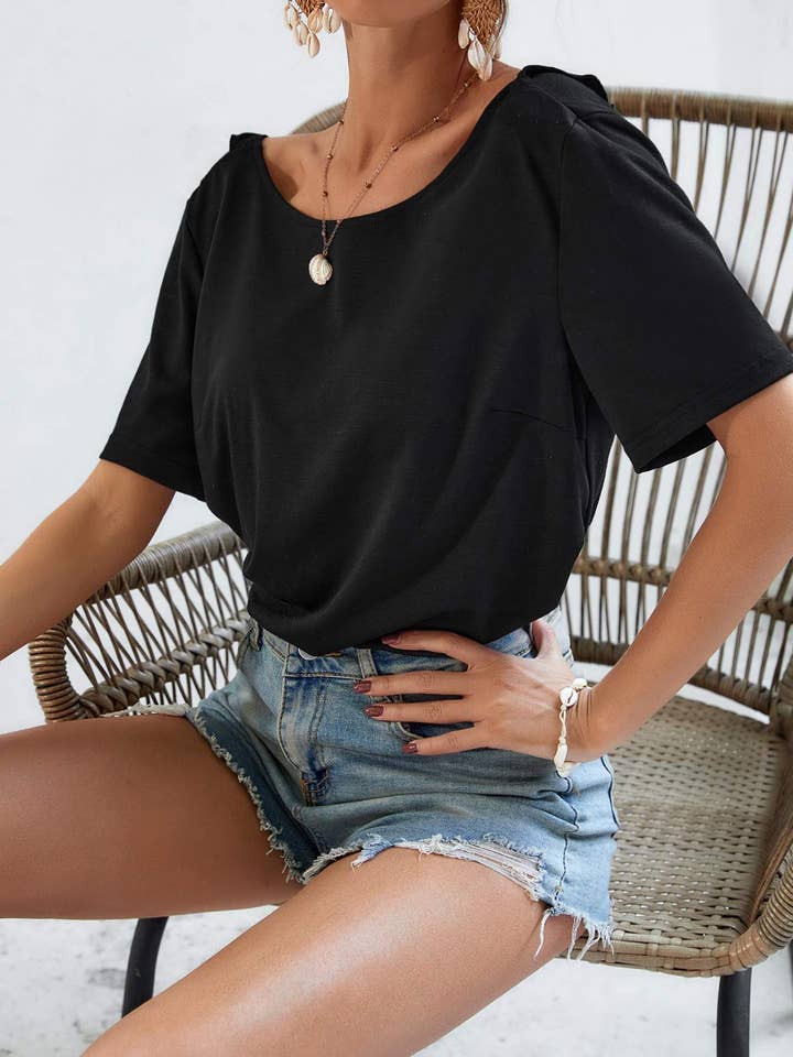 Flarix - Wholesale Blouse - Women's - frenchy fake button ruffle trim v back tee4