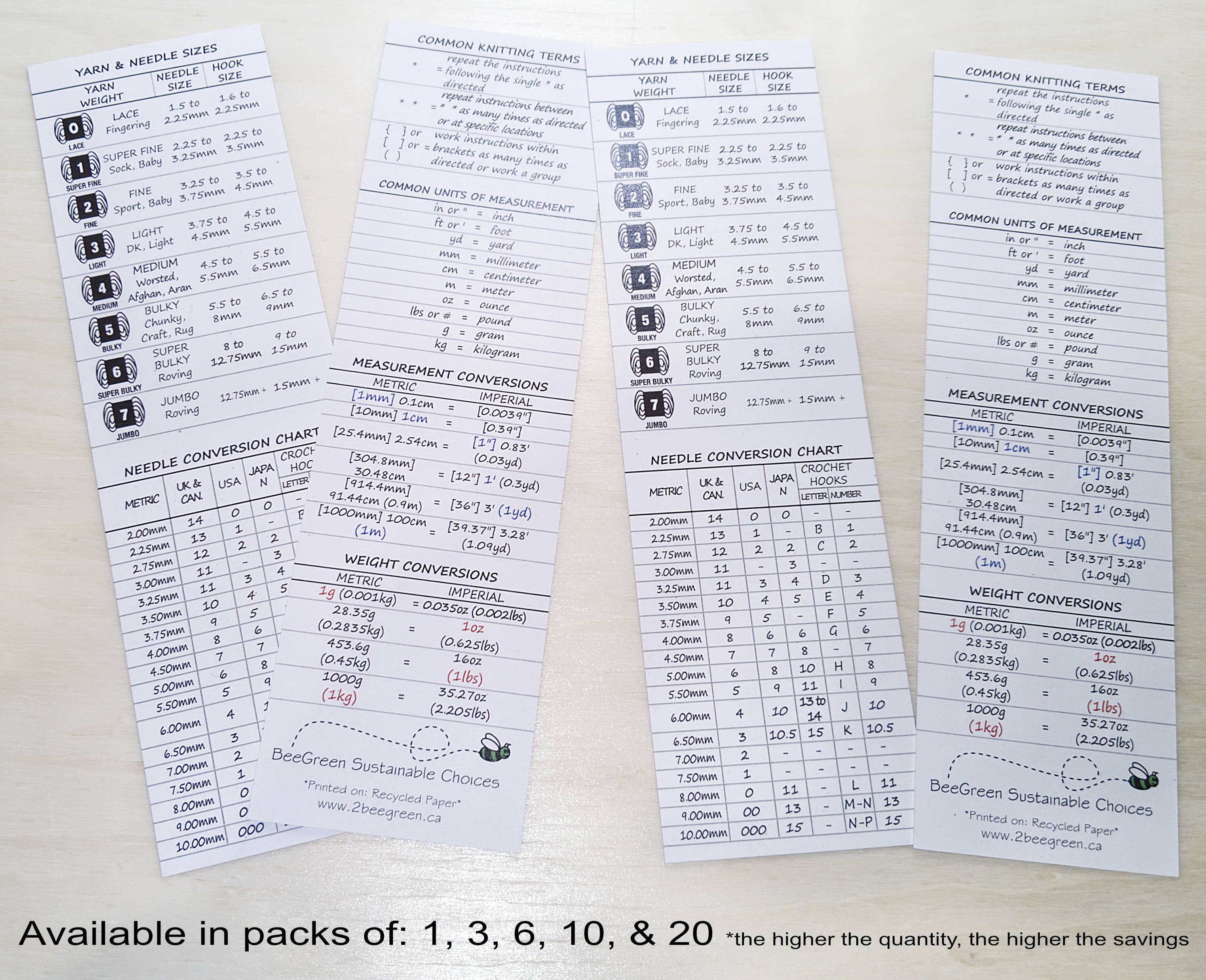 BeeGreen & CraftsPlannersPlus - Wholesale Bookmark - Knitting Terms Sizes & Conversions Bookmark [Gift Knitters]1