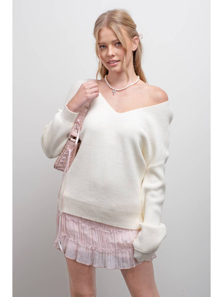 Blu Pepper - Wholesale Knit Sweater - Women's - V NECK DROP SHOULDER BACK BOW TIE DETAIL SWEATER