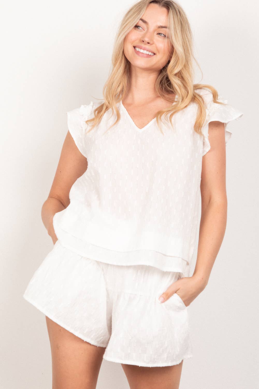 VERY J - Wholesale Lounge Set - Women's - NT11539SET-Solid Cotton Woven Cute Top & Shorts Set18