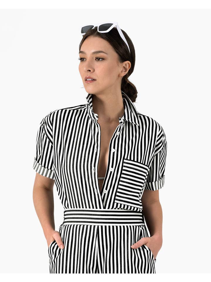 Lacson Ravello - Wholesale Button Down Shirt - Women's - Bernadette Camp Shirt - Black and White Stripe4