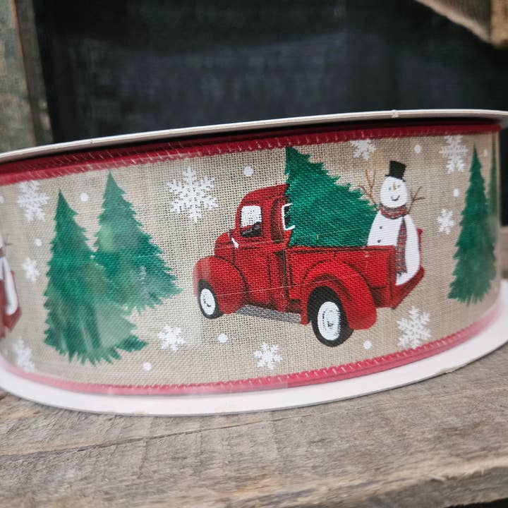 Natural Linen W Frosty Truck 2.5"×50Y Ribbon for wholesale by TCW