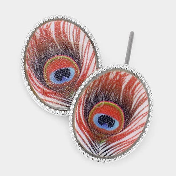 Feather Printed Oval Mother of Pearl Stud Earrings
 for wholesale by Sensibling Corp.