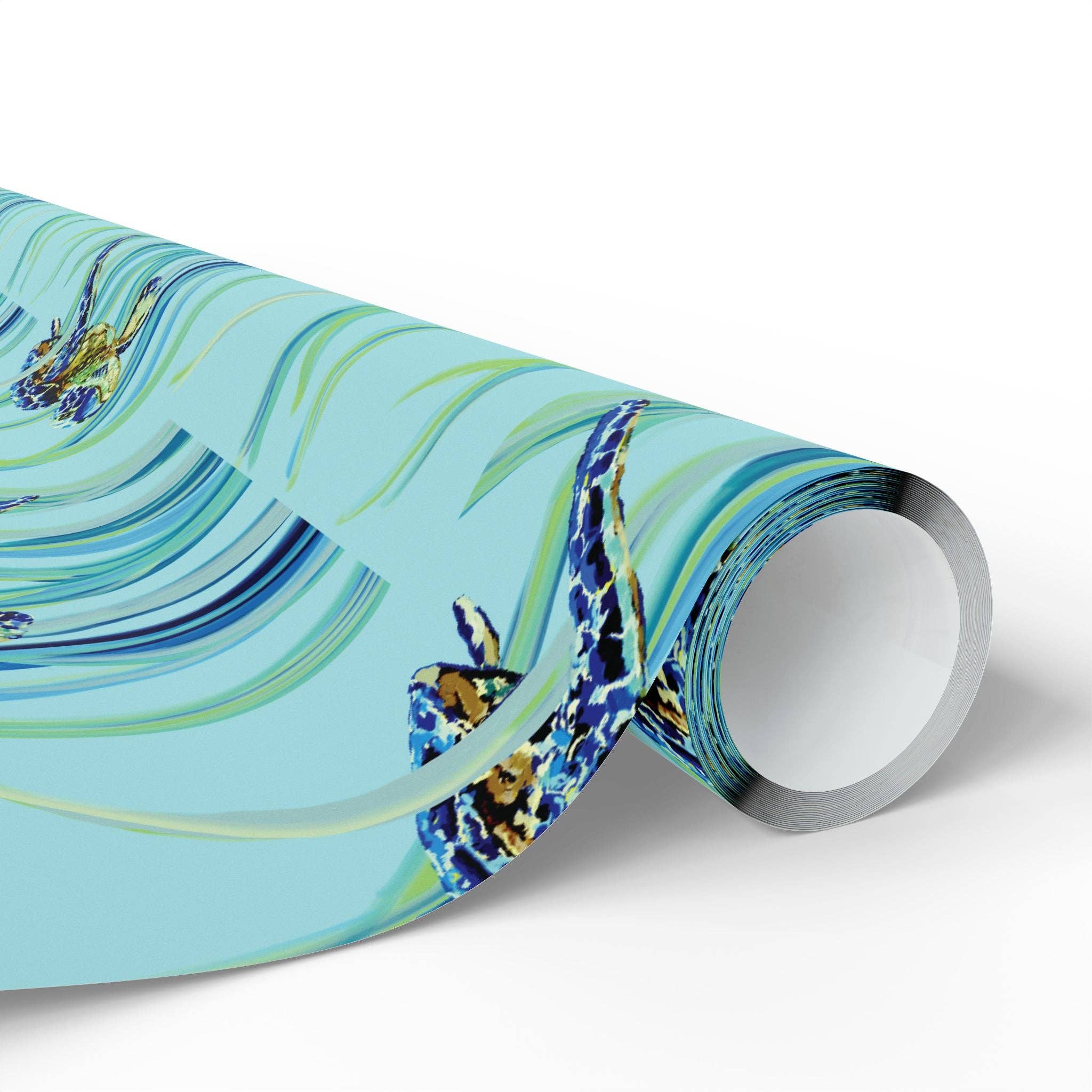 Blue Cava - Wholesale Flat Wrap - Swimming Sea Turtle Wrapping Paper18