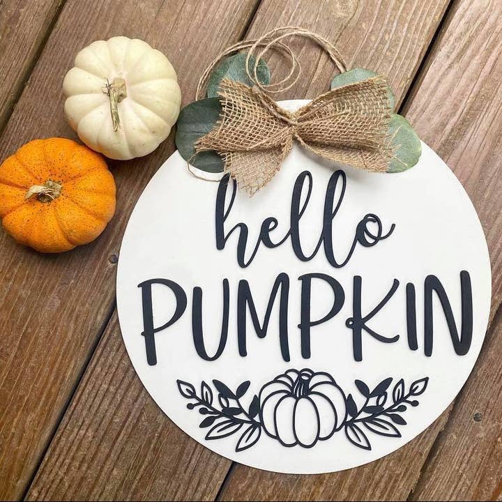 Hello Pumpkin 3d Wooden Door Hanger for wholesale by Little Country Cottage LLC
