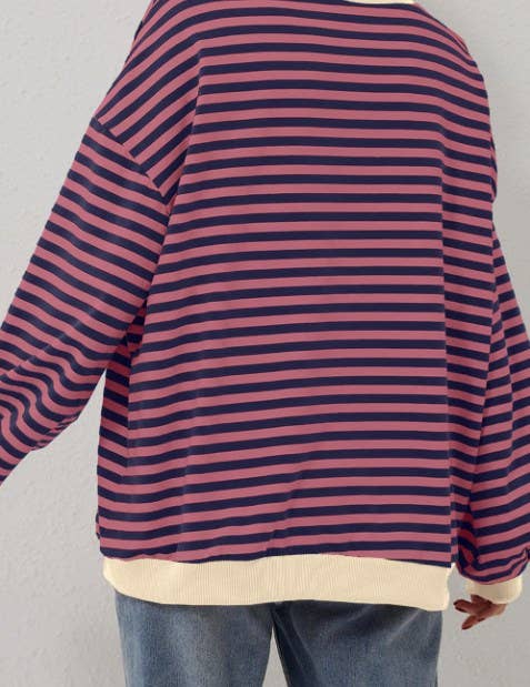 Lovesoft - Wholesale Sweatshirt - Women's - Trendy Oversized Striped Sweatshirt with Bold Trim6